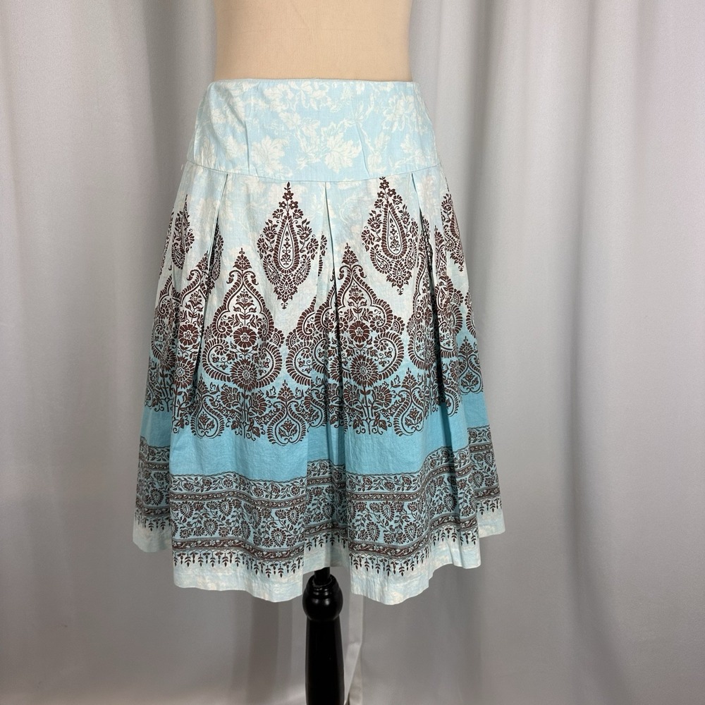 EUC Sandra Darren 100% Cotton Paisley Pleated Skirt 8 Blue Brown Lined 30" Waist